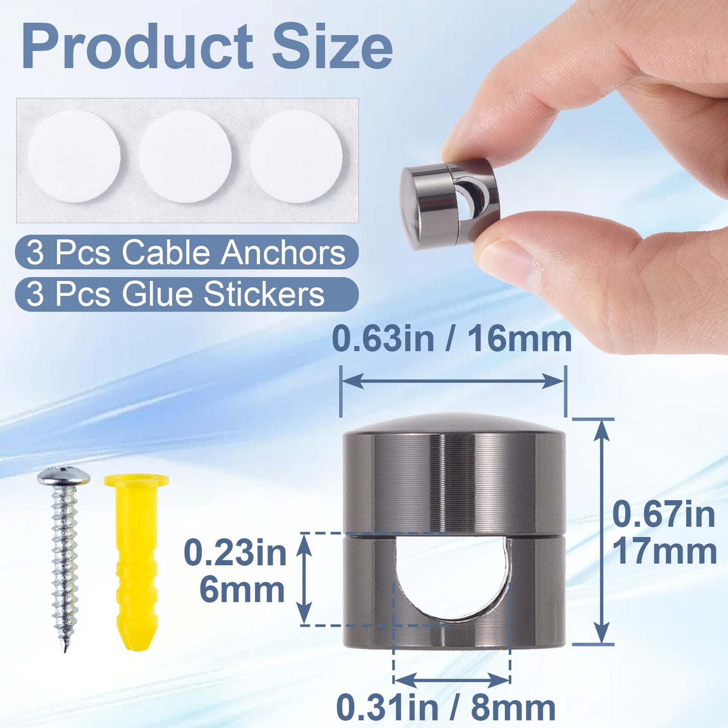 YALOJE 3 Sets Phone Charger Cable Holder, Adhesive Cord Clips for Nightstand, Adjustable Desk Wire Organization, Glossy Metal Cable Anchor Cord