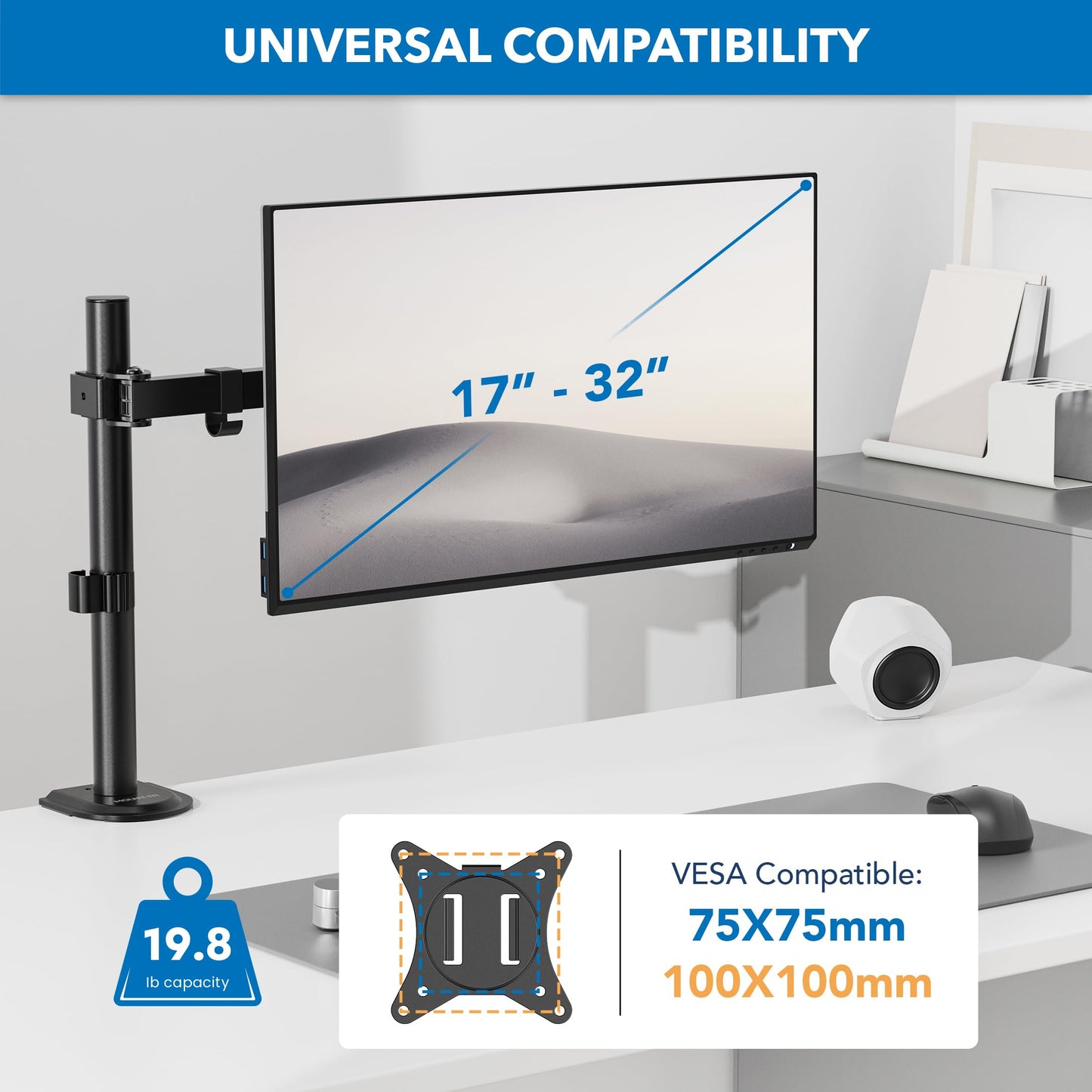Mount-It! Single Monitor Arm 17" to 32", Full Motion Adjustment with Tilt, Rotation, Swivel, Height Adjustment Along Pole, Clamp or Grommet Mounting