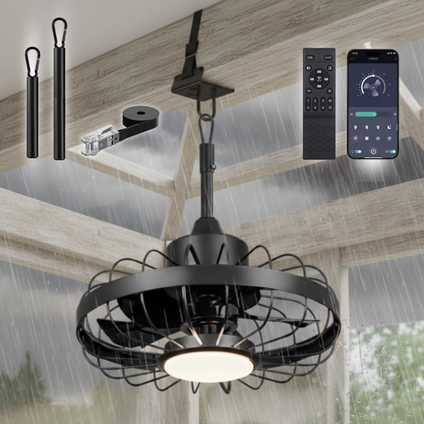ZeboZap 16" Outdoor Ceiling Fan with Lights, IP65 WaterProof with for Patios, Canopy, Gazebo, and Pergola. Plug in Caged Fan with Remote Control