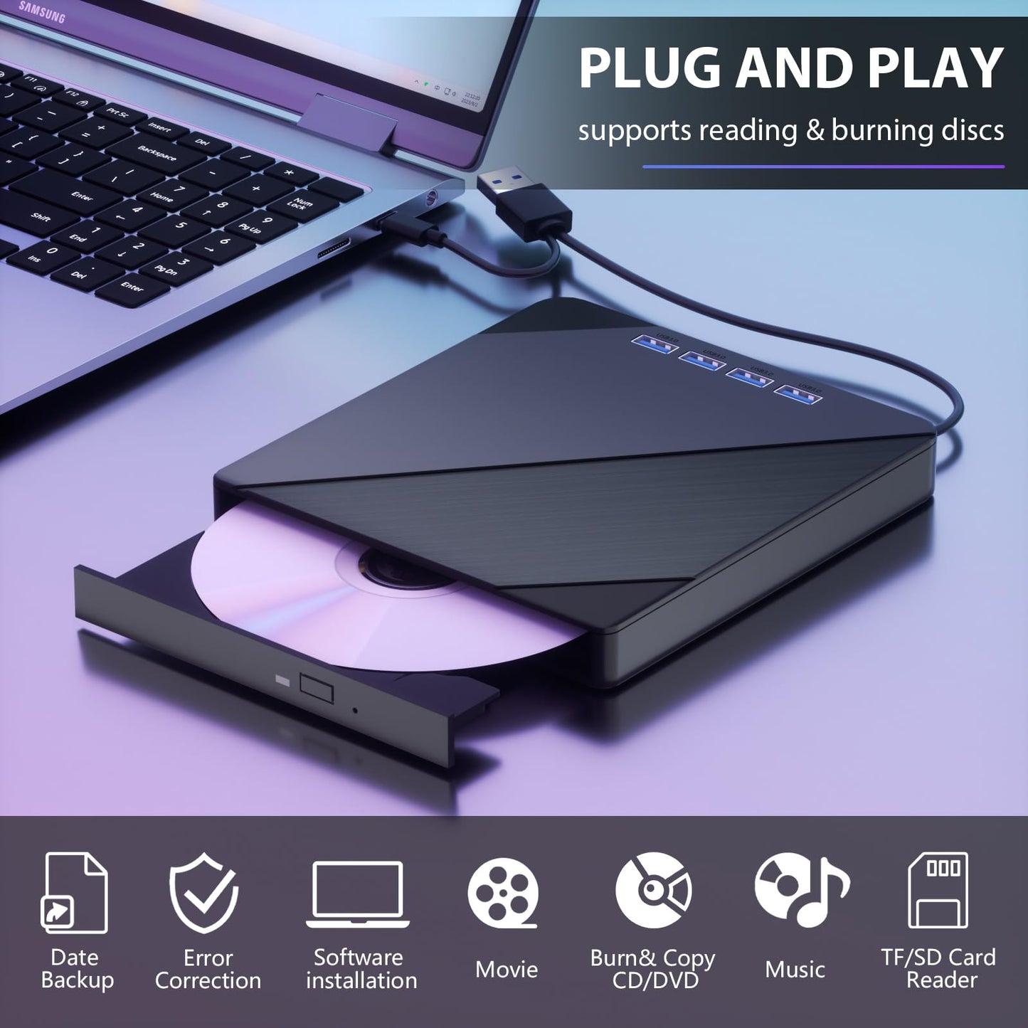 TYYWGD 7 IN1External CD/DVD Drive for Laptop, CD Burner CD/DVD +/-RW Optical Drive, Slim Portable DVD CD ROM Rewriter Writer Duplicator for Laptop