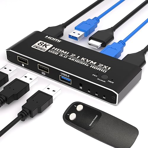 KVM Switch HDMI 2 in 1 Out for 1 Monitor 2 Computers, 8K@60Hz 4K@165Hz USB 3.0 Hub with IR Remote Control, Aluminum Alloy, HDR10 HDCP 2.2