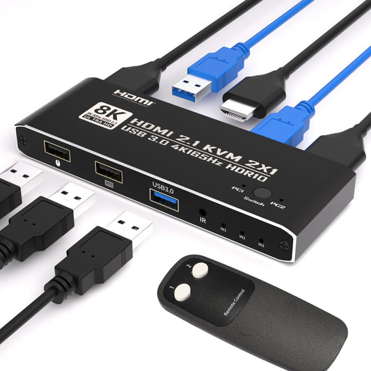 KVM Switch HDMI 2 in 1 Out for 1 Monitor 2 Computers, 8K@60Hz 4K@165Hz USB 3.0 Hub with IR Remote Control, Aluminum Alloy, HDR10 HDCP 2.2
