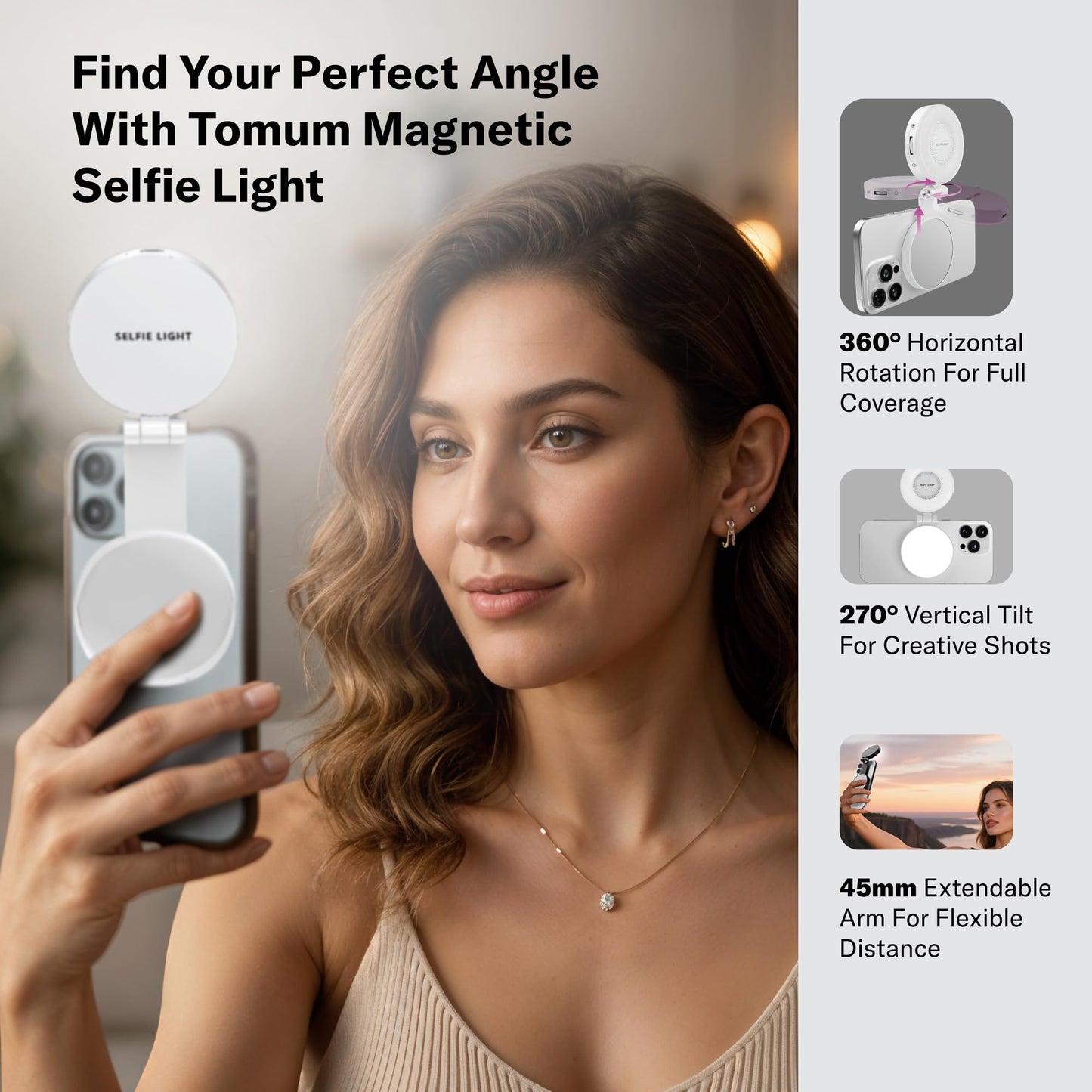 Tomum Magnetic Phone Selfie Light - Ring Lights Mirror Cell Phone Attachment Compatible for iPhone MagSafe Android with Magnetic Ring - Portable LED