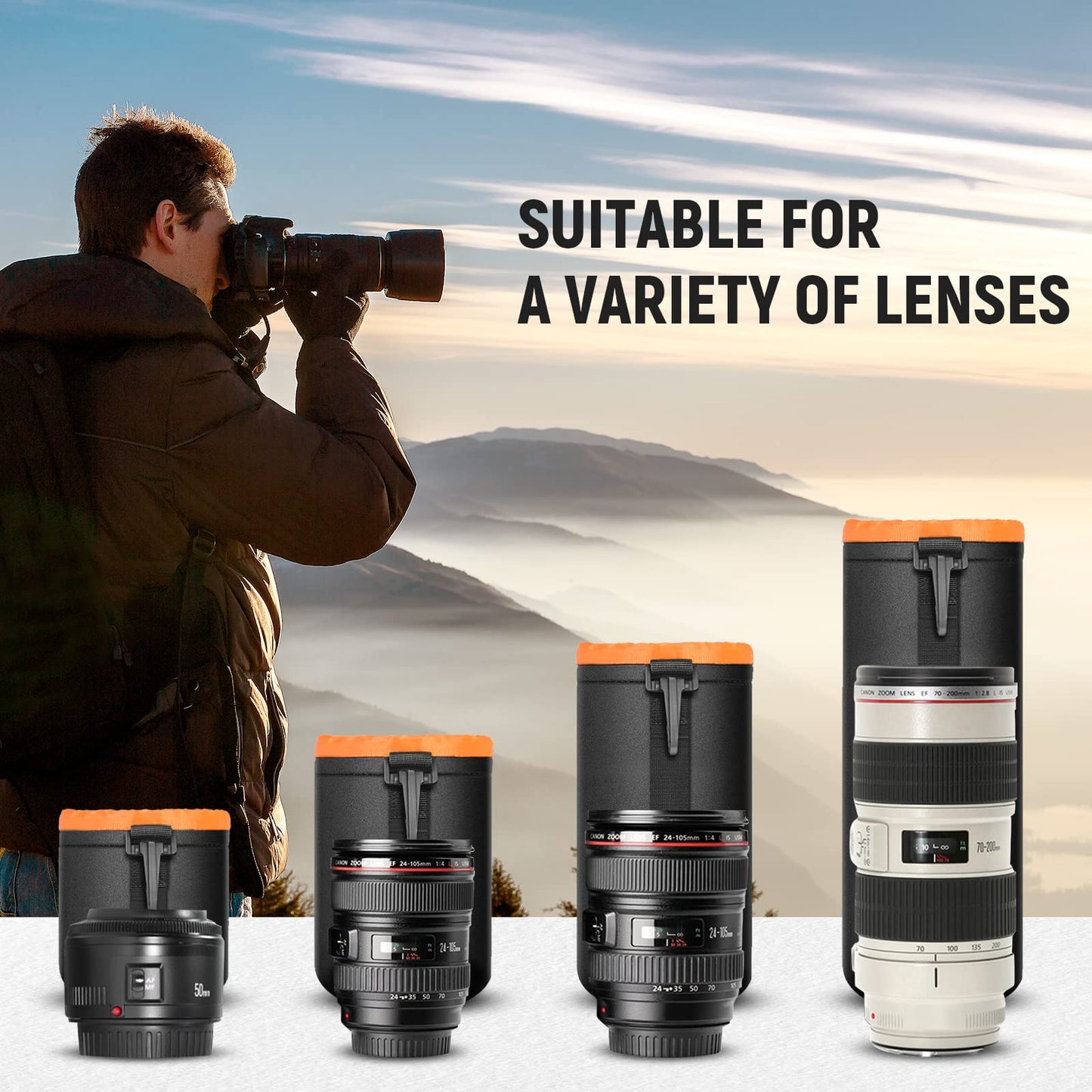 NEEWER Camera Lens Pouch (4 Packs, 4 Sizes) Thick Protective Bag with Drawstring Design, Orange Interior, Soft Plush Neoprene Bag for Sony, Canon