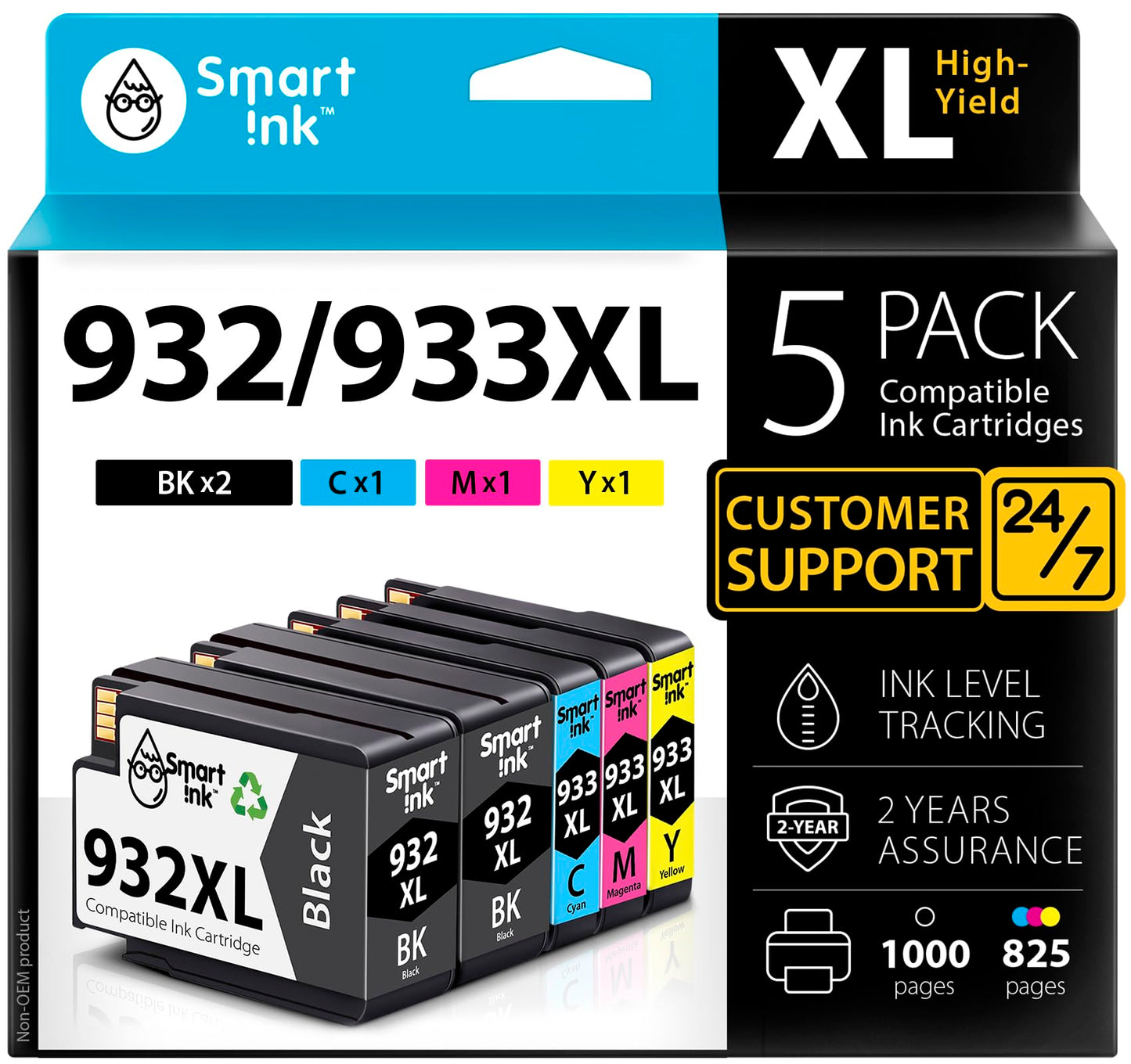 Smart Ink Compatible Ink Cartridges Replacement for HP 932XL 933XL 932 XL 933 XL 5 Pack Combo (2 Black, Cyan/Magenta/Yellow) for HP Printer OfficeJet