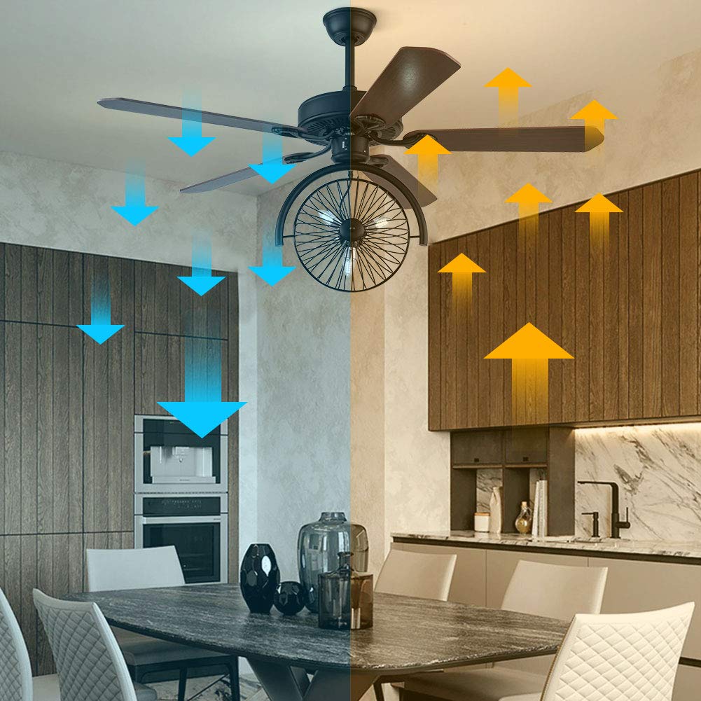 US DELIVER Crystal Ceiling Fan Industrial Chandelier with 3-Lights- 5 Reversible Wood blade for Living Room（ 52 Inch）