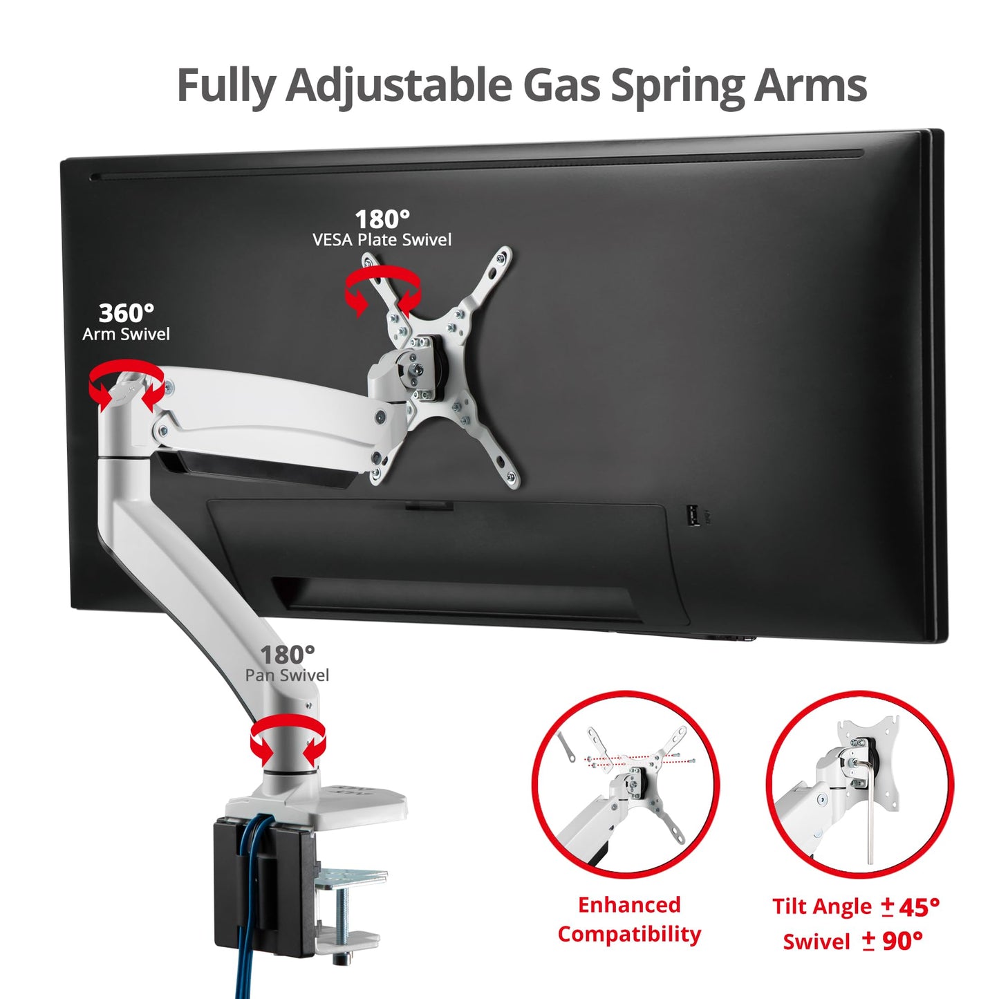 SIIG Single Monitor Desk Mount, 17" to 43", USB 3.0 and Audio Extend Ports, Fits Flat/Curved/Ultrawide Monitor, Load 33 lbs max, VESA 75x75 100x100