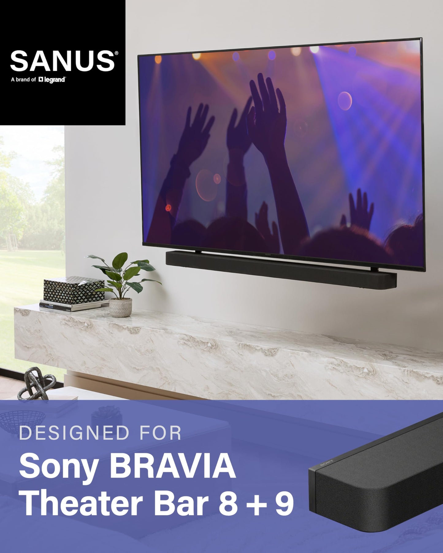 SANUS Height-Adjustable TV Soundbar Mount Compatible with Sony BRAVIA Theater Bar 8 & Bar 9 - Fits TVs 50 to 90 inches - Easy Install with Included