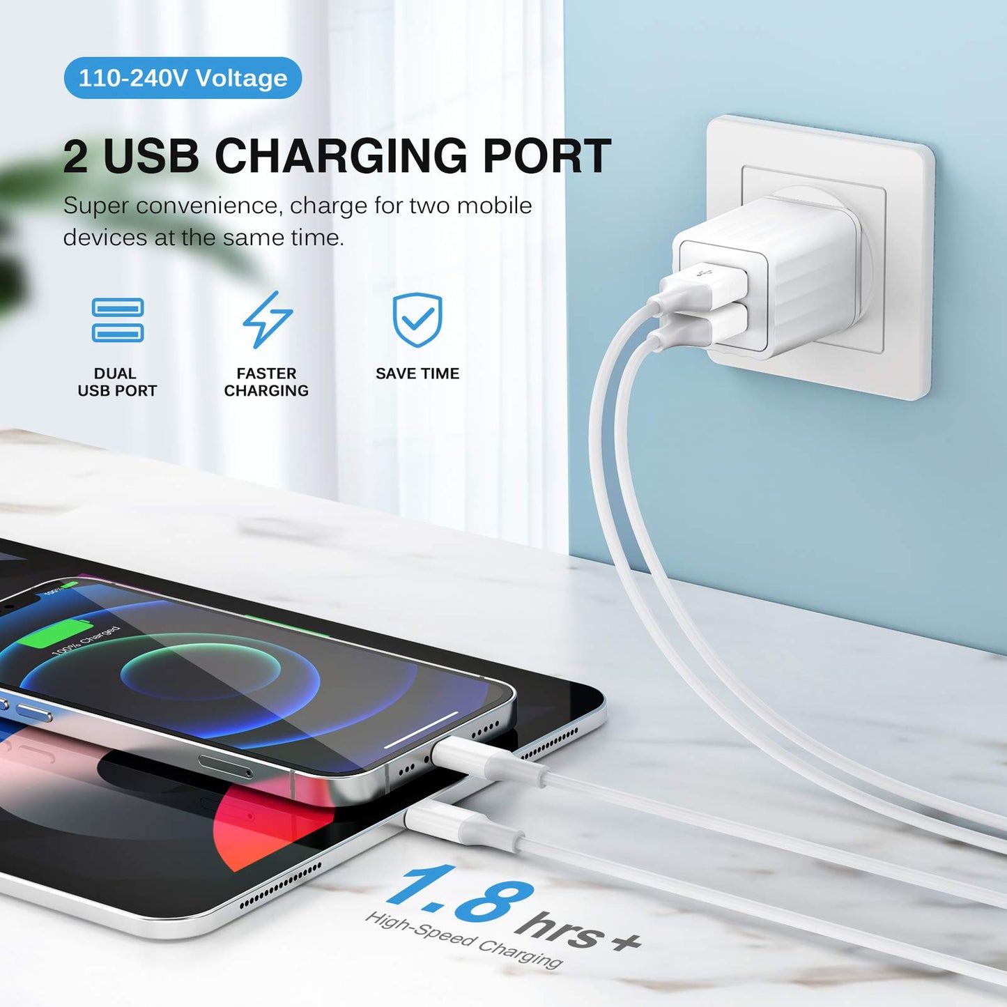iPhone Charger,[Apple MFi Certified] Fast iPhone Charger 2PACK 6FT Lightning Cable Cord Fast Charging Dual 2 Port Plug USB Wall Charger Compatible