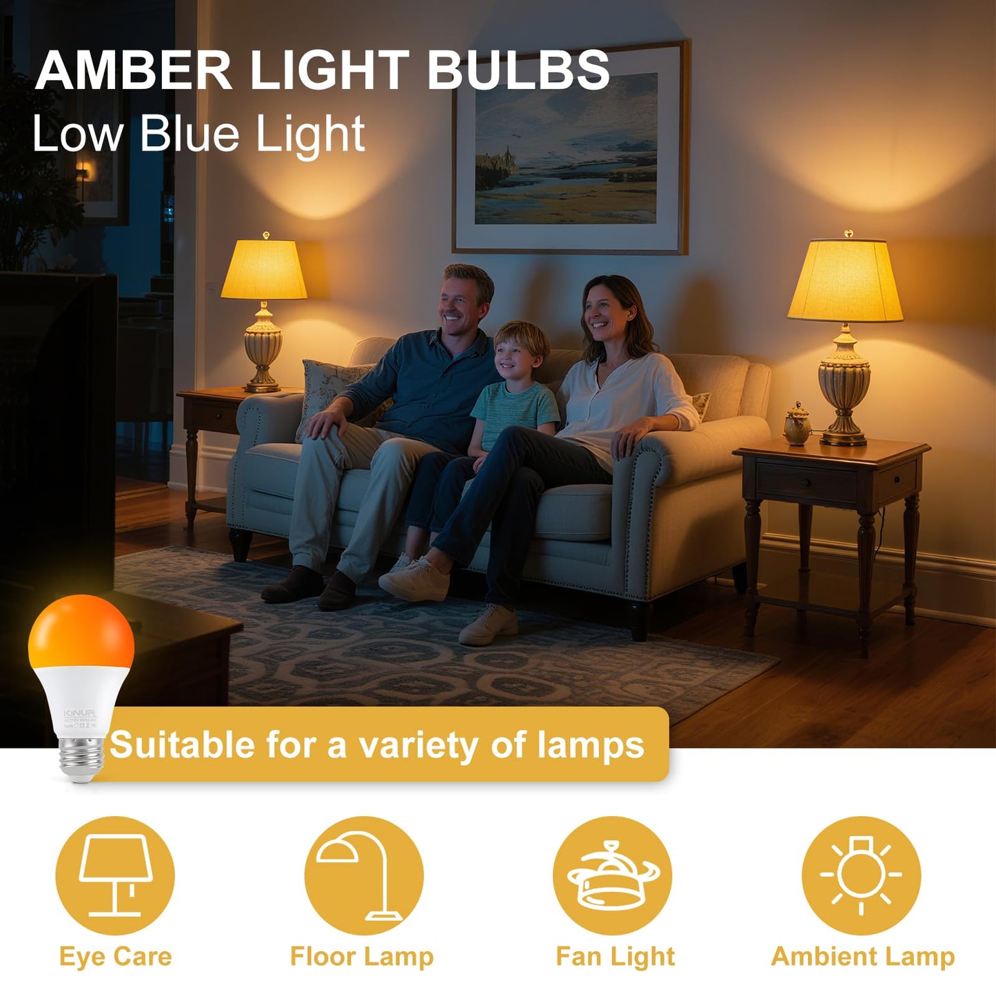 KINUR LED Amber Light Bulbs, A19 9W(60W Equivalent) 1800K E26 A19 Amber Soft Light Bulbs Warm Light for Bedroom, Healthy Sleep, Baby Nursery Light