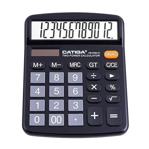 CATIGA 12 Digit Desk Calculator, Desktop Calculators with Large LCD Display & Big Buttons, Dual Power Solar & Battery, Standard Basic 4 Function