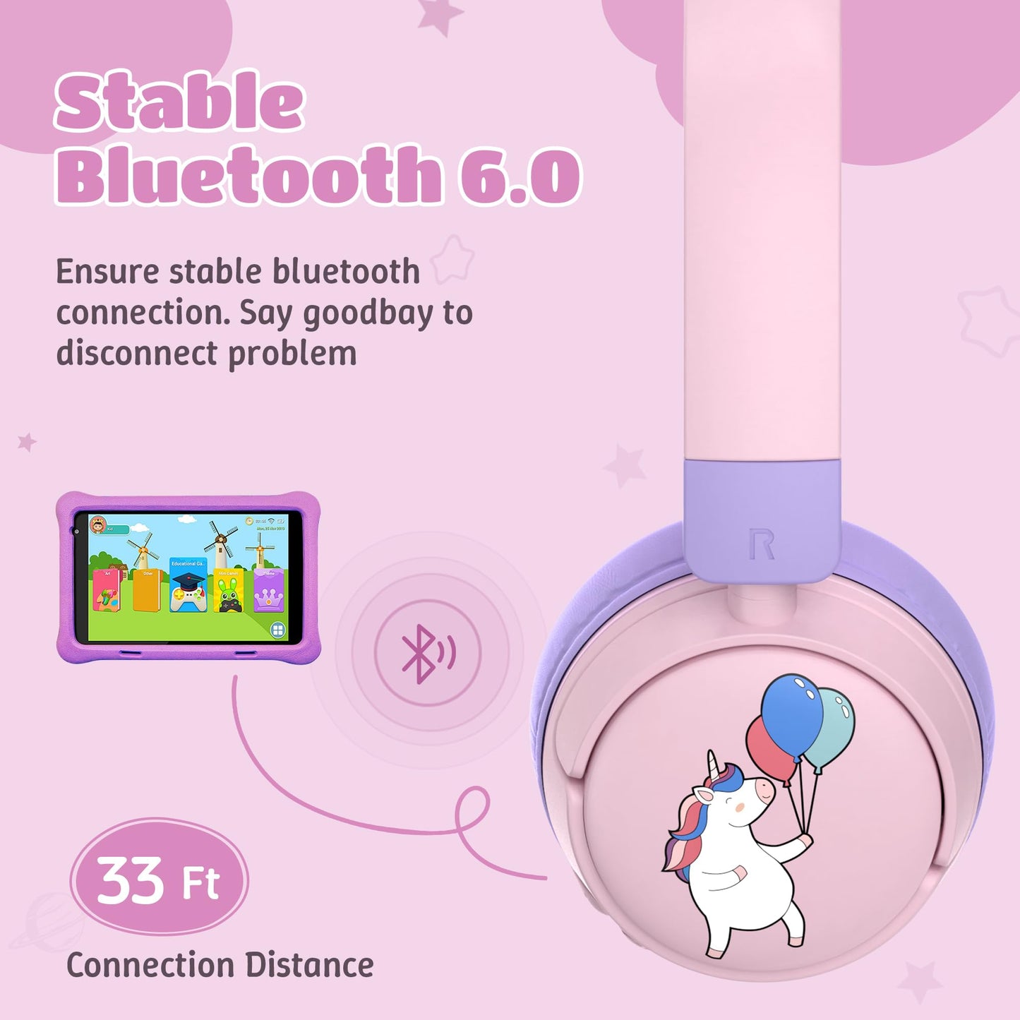 Sparks Plus Kids Headphones Bluetooth for Girls, Toddler Headphones Wireless for School, 85/95dB Volume Limited, 50H Playtime, Bluetooth 6.0, Built in