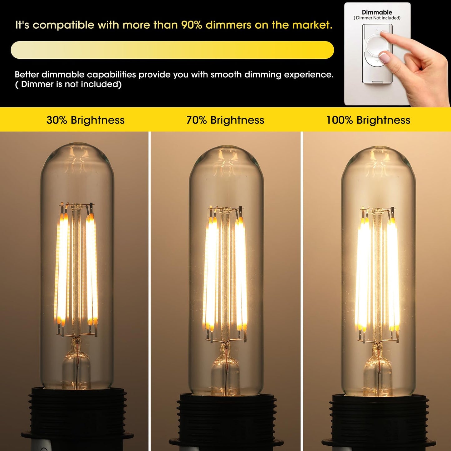 Gozelux Dimmable E26 Edison Bulb, AC120V Warm White 2700K Light Bulbs, 6W Equal 60 watt 750LM Tubular T10 LED for Rustic Pendant, Chandeliers, Wall