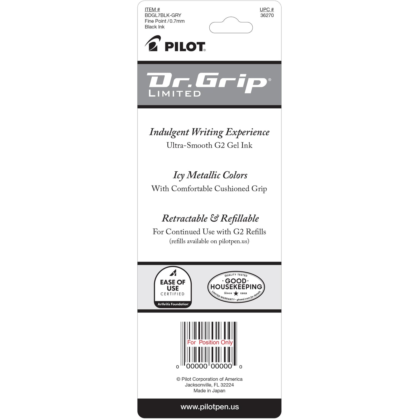 Pilot Dr. Grip Limited Refillable & Retractable Gel Pen, Black, Single Pen