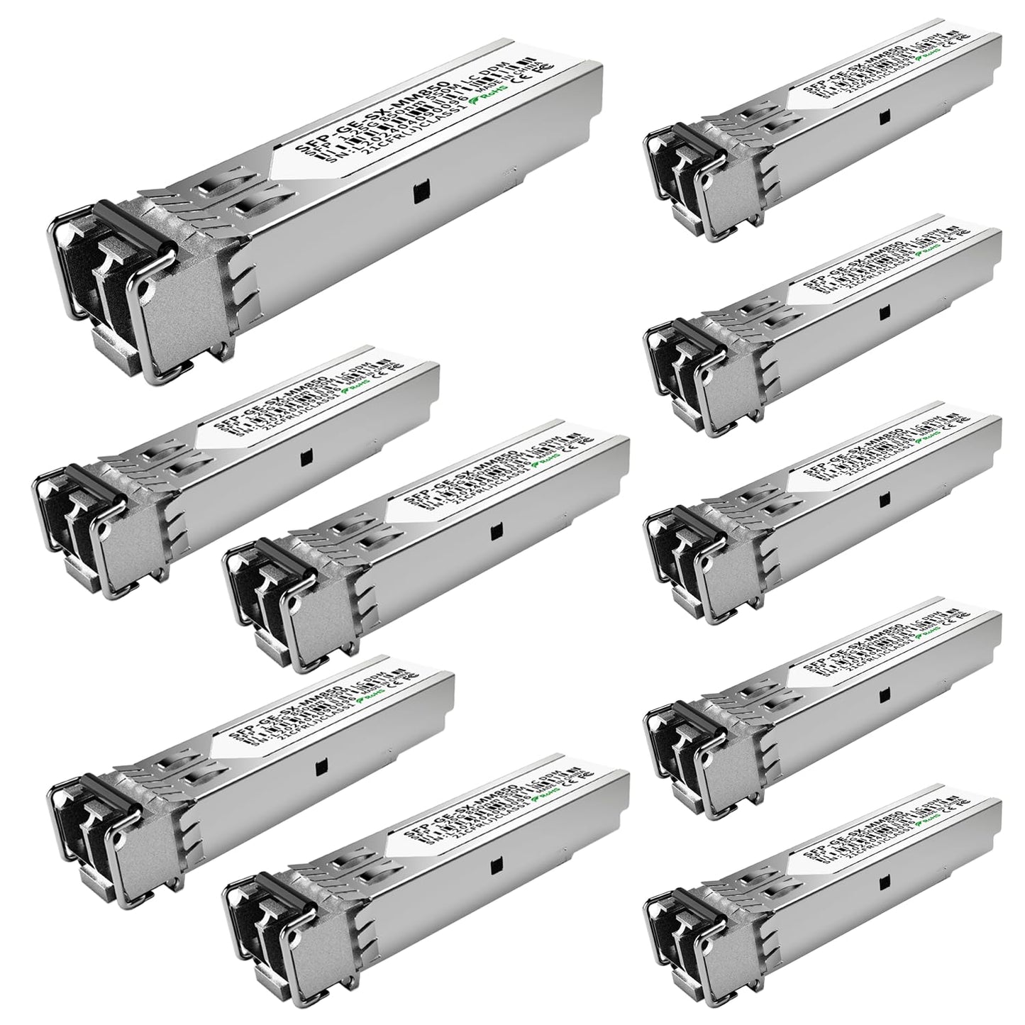 10Pack 1.25G SFP Module 1000Base-SX Multimode LC Transceiver, 850nm MMF, 550m Range - Compatible with Cisco SFP-GE-S, Meraki MA-SFP-1GB-SX, Ubiquiti