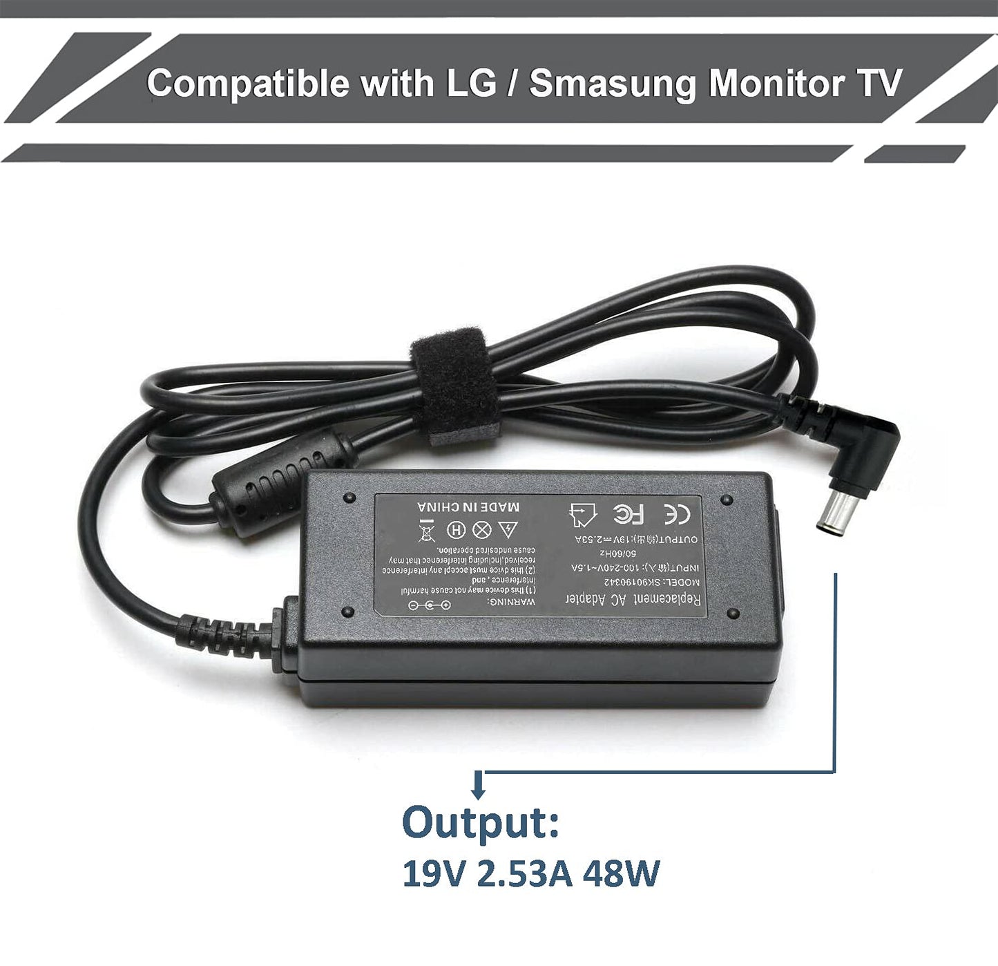 19V 2.53A TV AC Adapter fit for LG Widescreen Monitor 19" 20" 22" 23" 24" 27" Electronics Widescreen 24gn50w-b 24mp60vq-p 24m38h-b 24mc37d-b, Samsung…