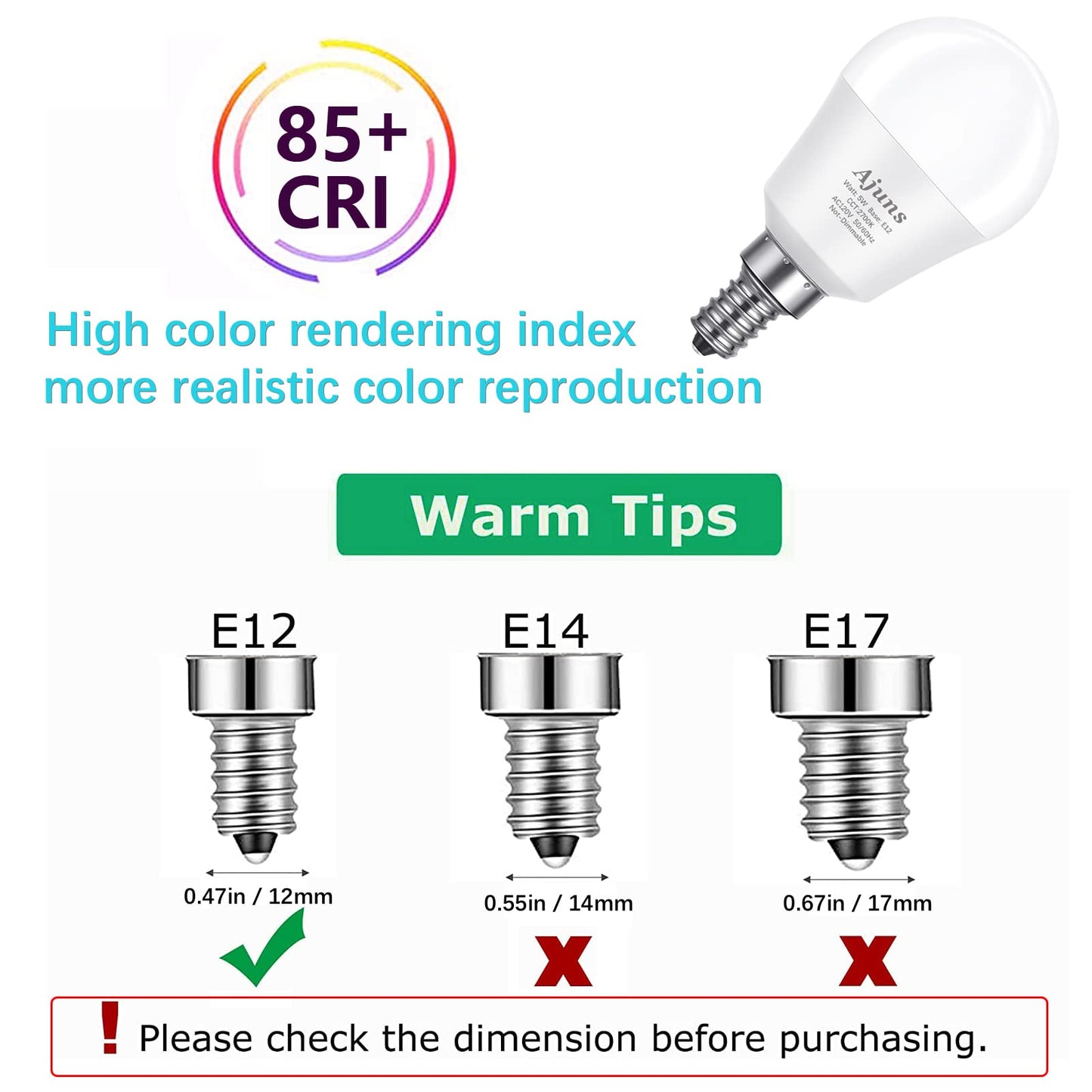 Ajuns 5Watt (40W Equivalent) LED Bulbs, E12 Small Base Ceiling Fan Light Bulbs,450 Lumen,Warm White 2700K, 120V A15 LED Bulb Globe Shape,Non Dimmable