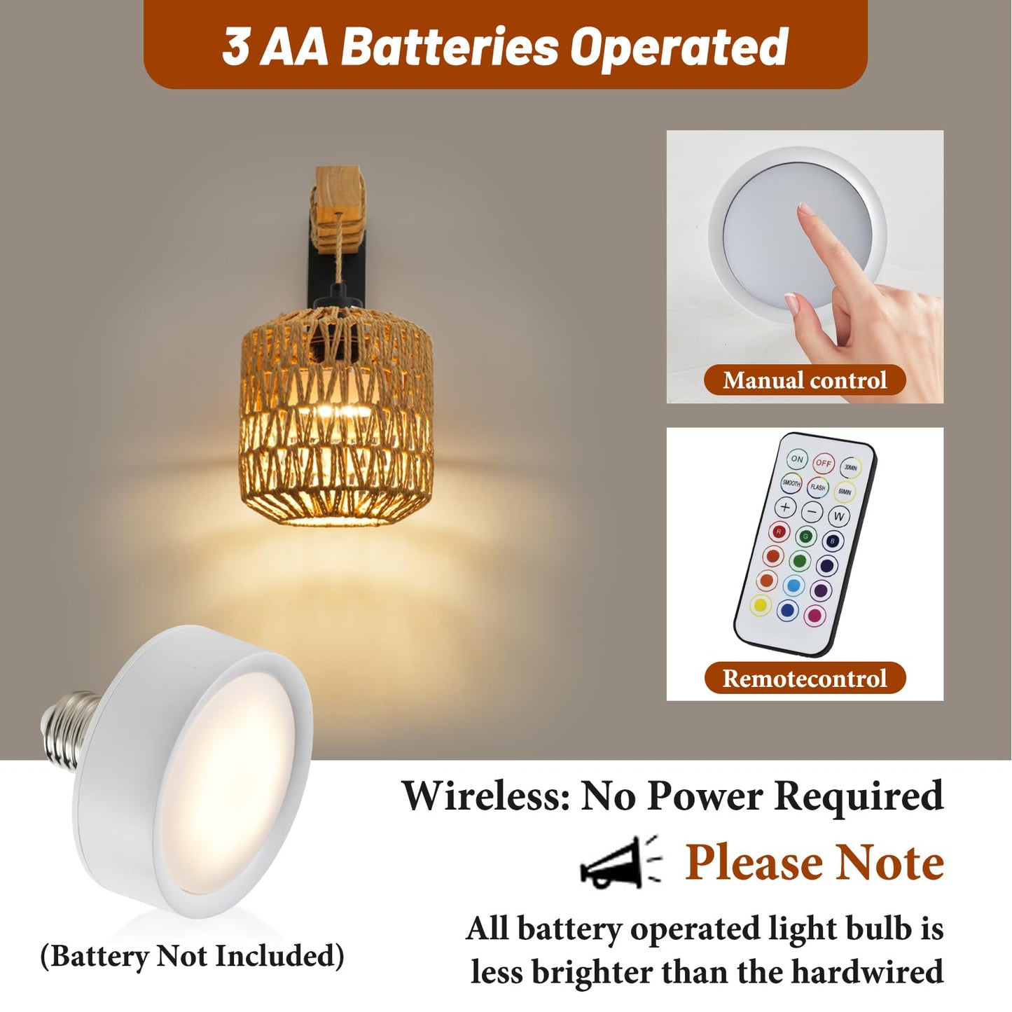 NOVCAND Boho Battery Operated Wall Sconce Set of Two, Rattan Cordless Wall Sconces with Remote,Wireless Sconces Set of 2 for Bedroom,Living