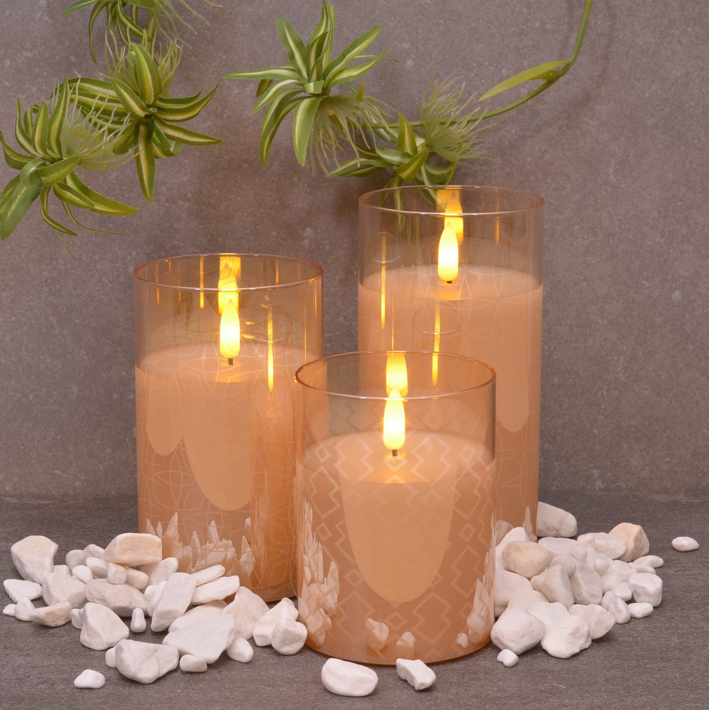 Mid Century Modern Flameless LED Glass Pillar Candles, Set of 3, 6 Inch, Metallic Rose Gold