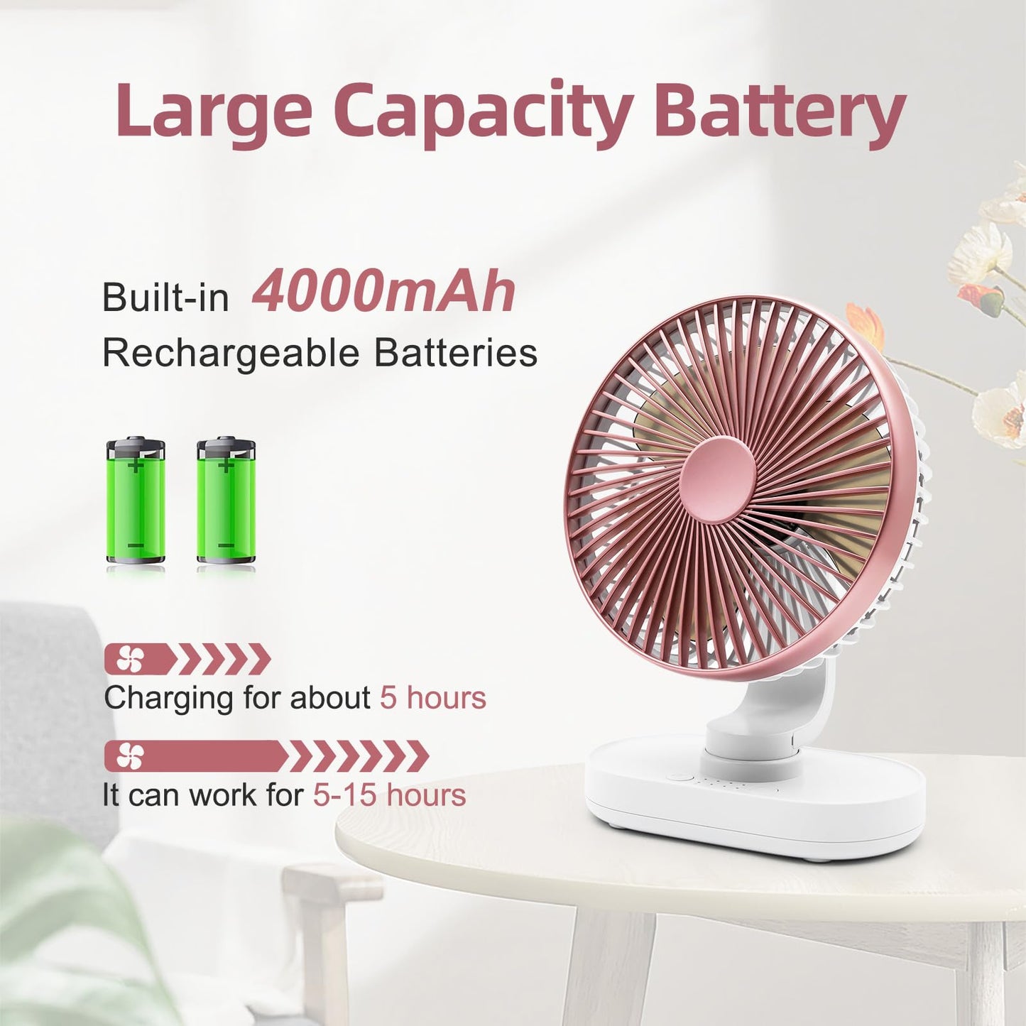Small Oscillating Fan for Bedroom, 4000mAh Battery Powered Rechargeable Fan, 90° Vertical Manual and 120° Oscillating Desk Fan, 4 Speeds Air