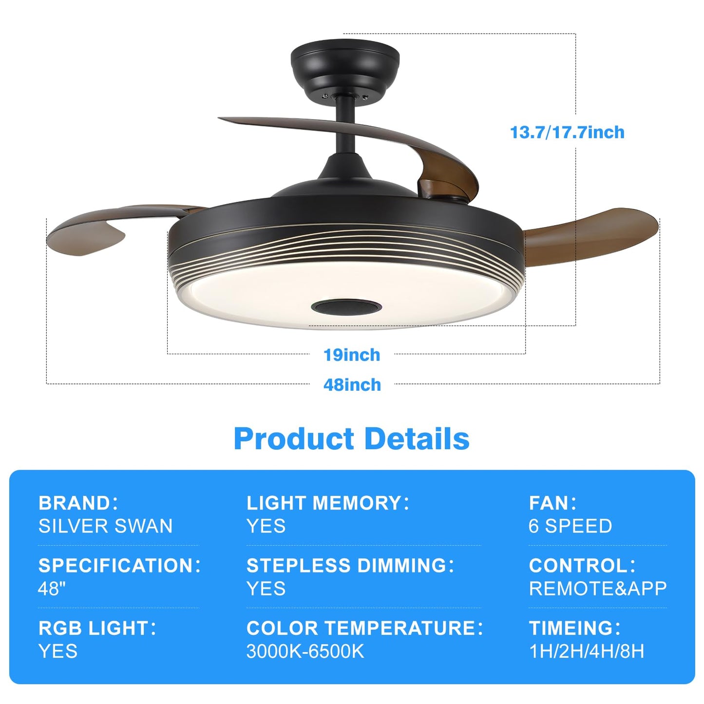 SILVER SWAN 48'' Retractable Ceiling Fan with Light and APP/Remote Control, Fandelier Modern Smart Ceiling Fan with Bluetooth Speaker, RGB Color, 6
