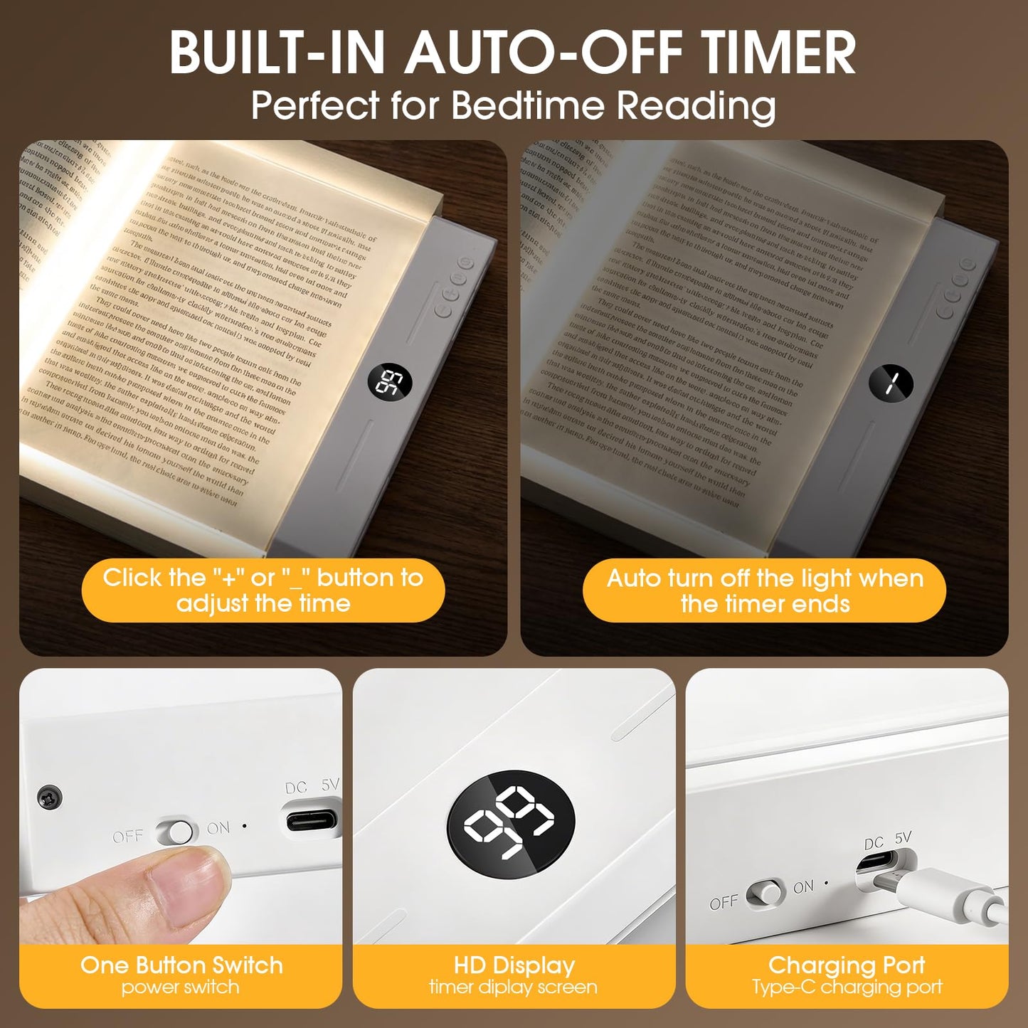 LED Book Light for Reading in Bed, Rechargeable Full Page Flat Panel Book Lamp, Eye Care Reading Light with 3 Color Modes, Stepless Dimming & Timer