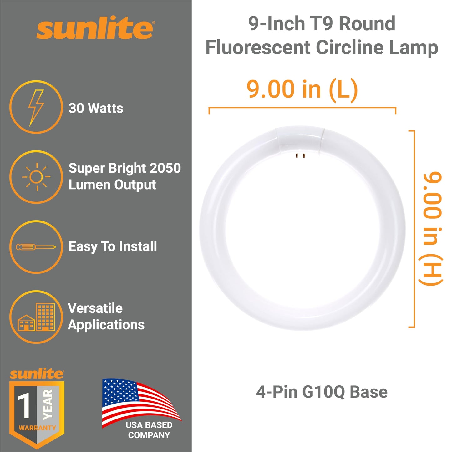 Sunlite FCL30/30K T9 Round Fluorescent Circline Lamp, 30 Watts, 2050 Lumens, 3000K Warm White, RoHS Compliant, G10Q 4-Pin Base, 1 Pack