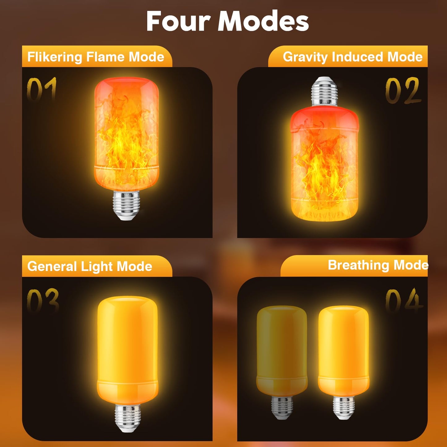 LED Flame Light Bulbs (2 Pack), 4 Modes Flickering Light Bulbs with Upside Down Effect, E26 Base Realistic LED Fire Lights for Halloween Christmas
