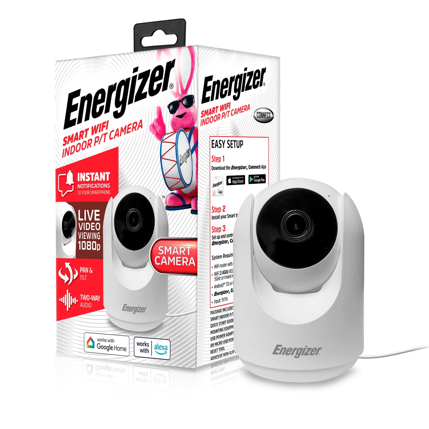 Energizer Smart 1080p Indoor Pan & Tilt Wired Camera, Motion Tracking, Two-Way Conversation, Night Vision, Instant Notifications, Works with Google