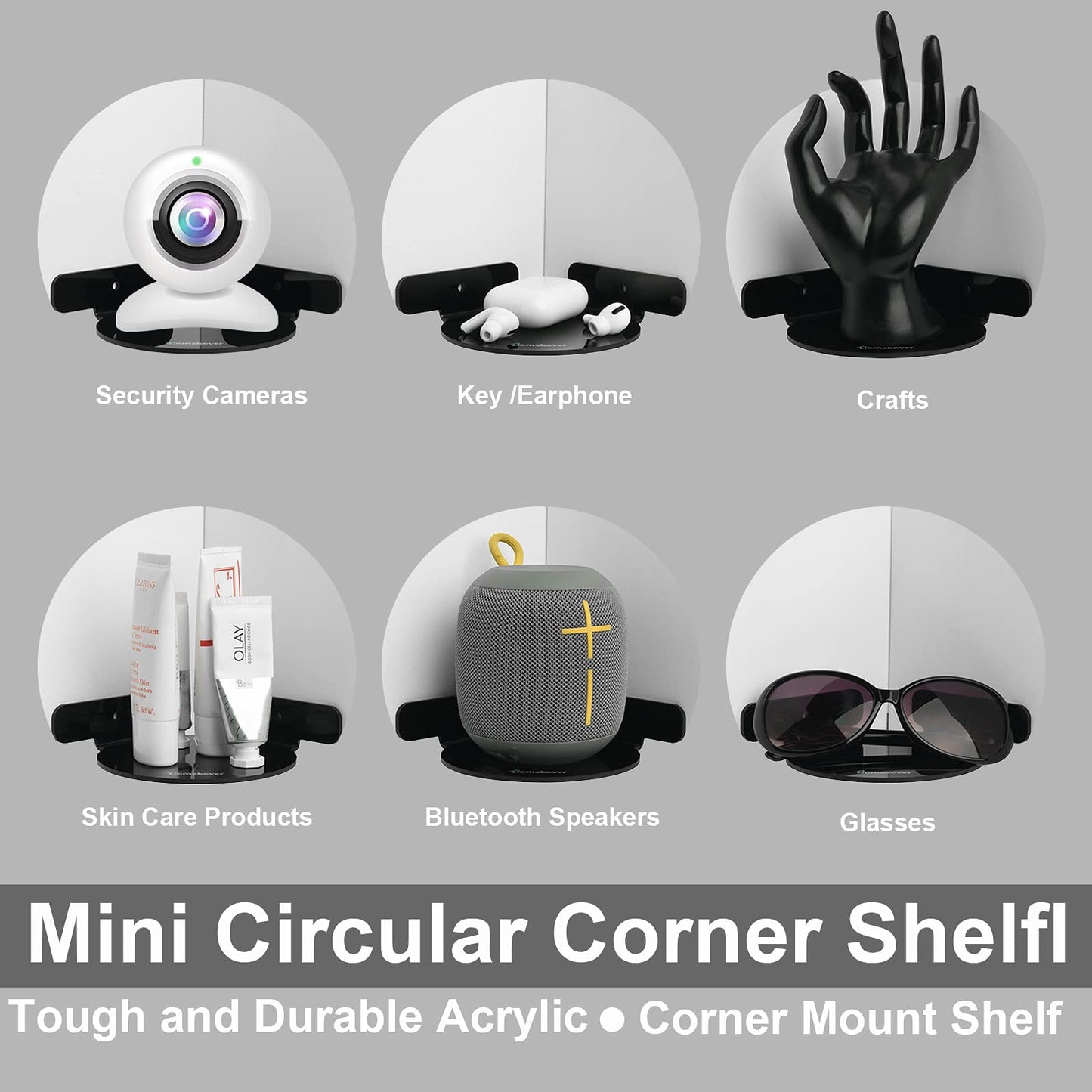 2 Pack Acrylic Mini Circular Corner Shelf Mount for Security Cameras, Baby Monitors, Plants & More, Universal Cam Holder, Easy to Install, Screwless