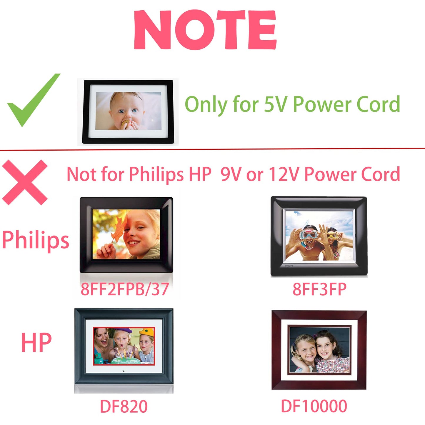 Power Cord for Skylight, HP, Aluratek, BSIMB Smart Digital Picture Frame 5V AC Adapter Charger (Not for 9V or 12V)