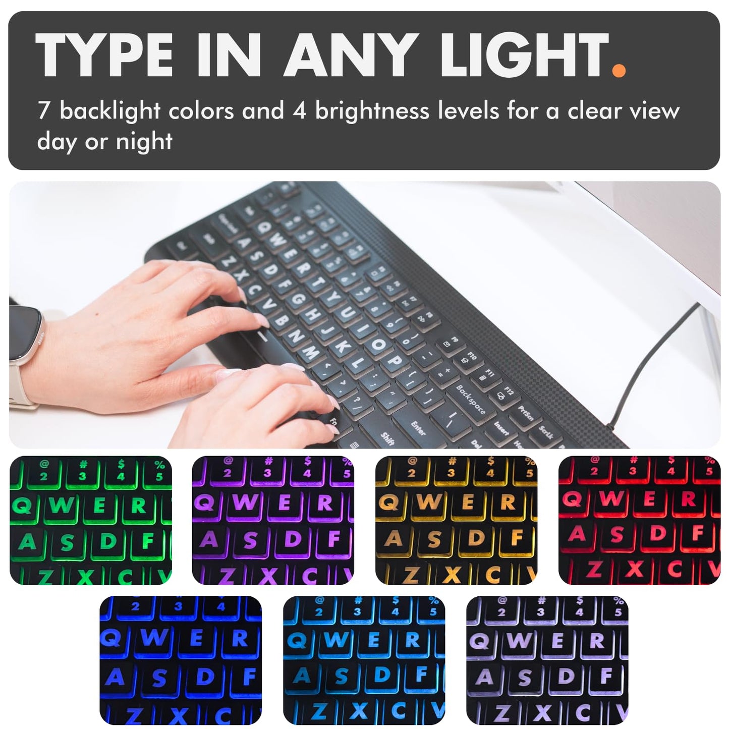 X9 Large Print Backlit Computer Keyboard - Easy to See Big Letters - Lighted USB Wired Keyboard with 7-Colors Backlight LED, Full Size Oversized Light