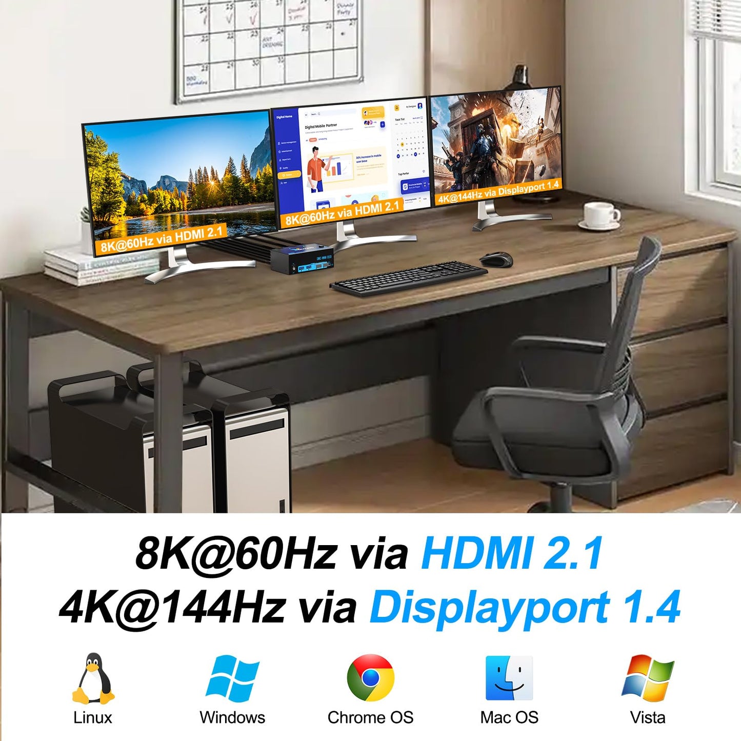 KCEVE 8K KVM Switch 3 Monitors 2 Computers HDMI DP, USB 3.0 KVM Switch Dual Monitor 4K@144Hz 8K@60Hz for 2 Computer Share Keyboard Mouse, with Power