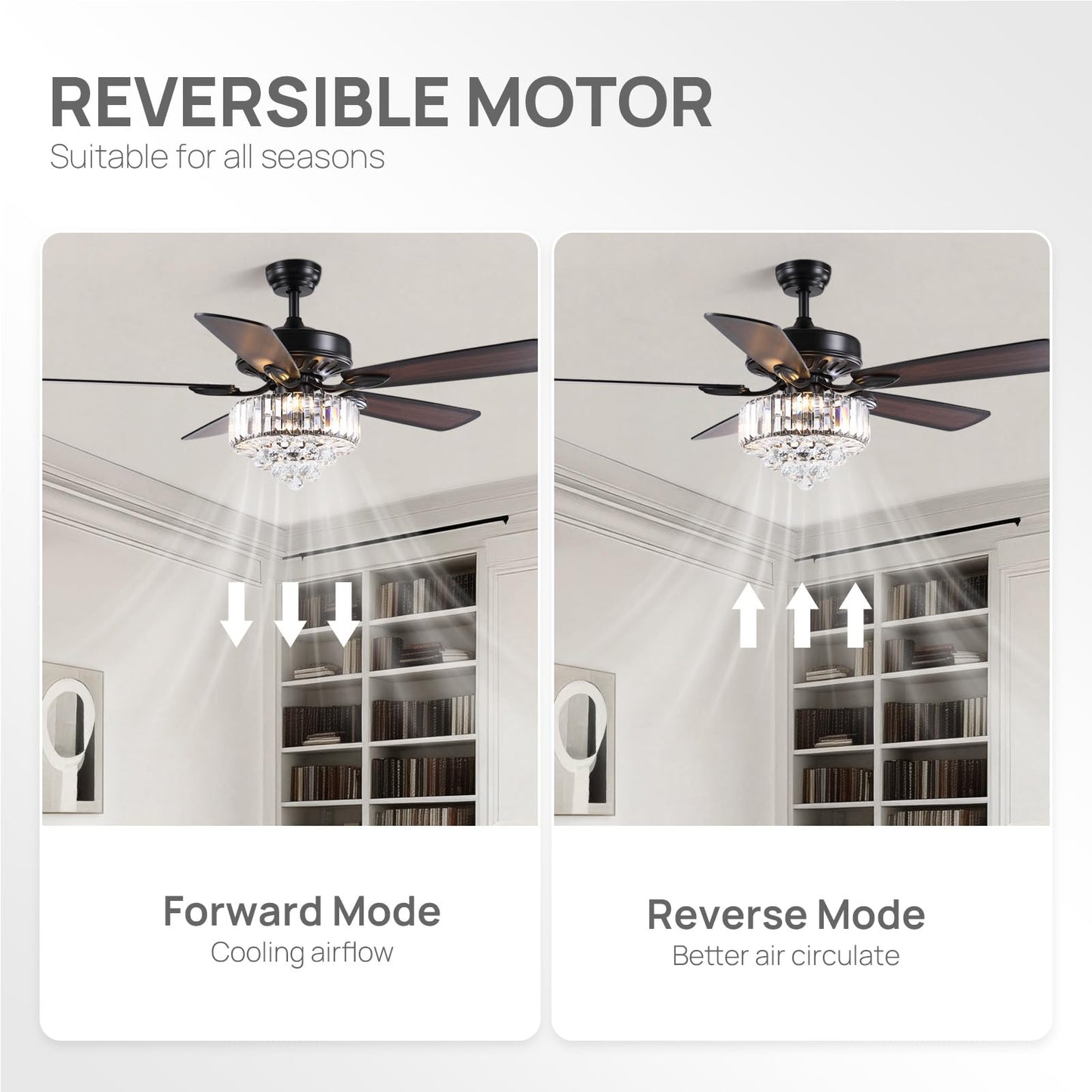 MOOONICHE 52 Inch Crystal Ceiling Fan with Lights and Remote Modern Black Chandelier Fan for Bedroom 5 Reversible Wood Blades Silent DC Motor