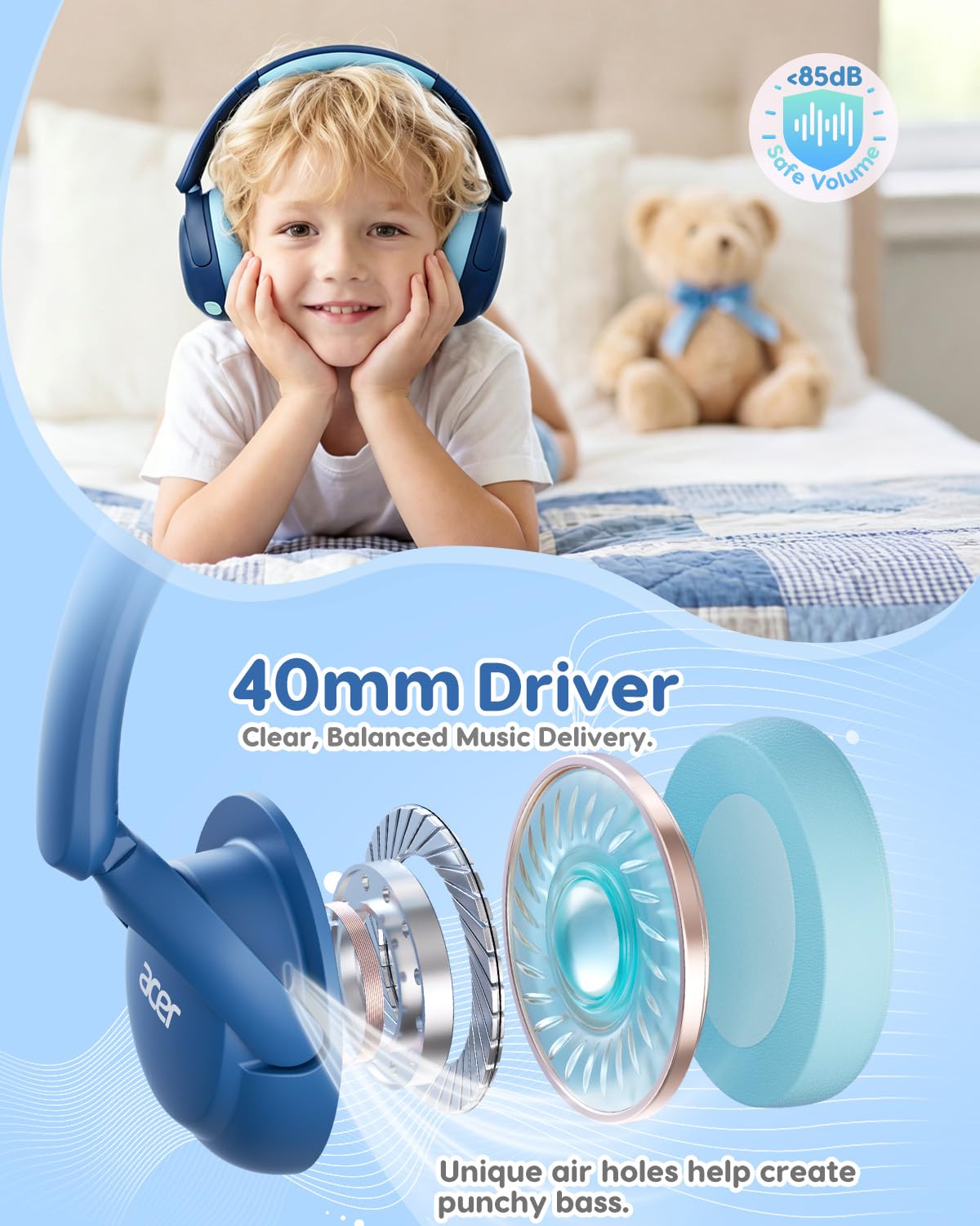 Acer Kids Bluetooth Headphones, 85dB Limiter, 75H, w/Mic OHR725