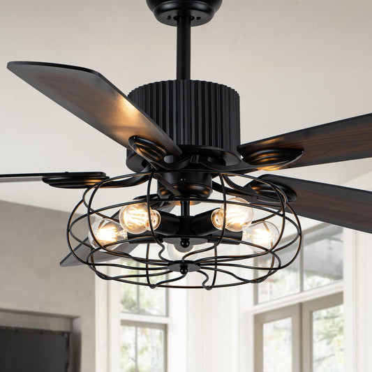 Bella Depot 52" Industrial Ceiling Fan Farmhouse Caged Chandelier Fan with Light Remote Vintage Rustic Indoor Fandelier with Silent Motor for Dining
