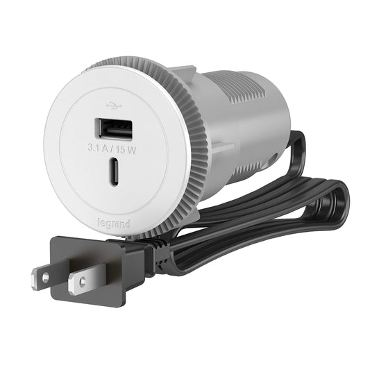 Legrand Wiremold RFPCUAUC-WH Round Furniture Power Center with USB, Type A/C USB, 6 Foot Cord, White