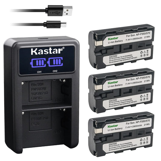 Kastar 3-Pack NP-F570 Battery and LED2 USB Charger Compatible with MVC-CD1000 MVC-CD400 MVC-CHF81 MVC-CKF81 MVC-FD100 MVC-FD200 MVC-FD5 MVC-FD51