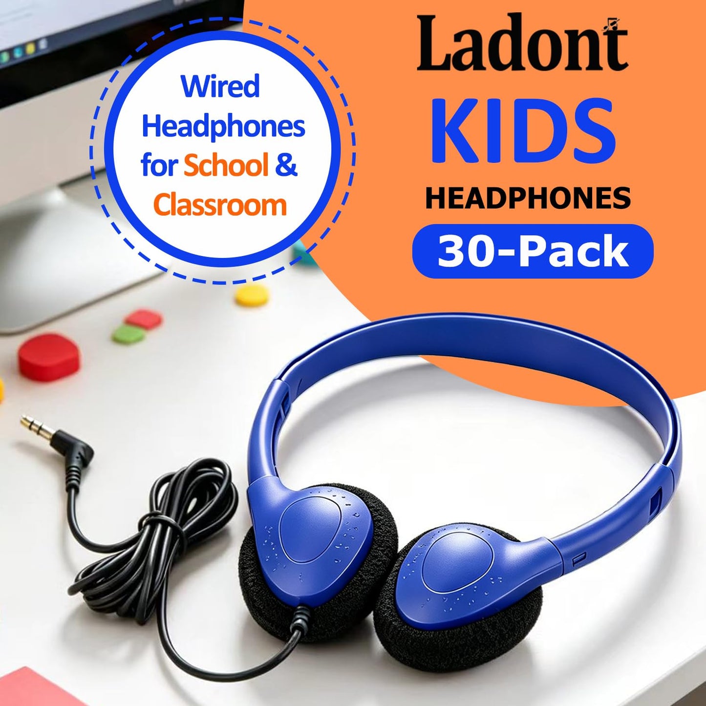 Ladont 30 Pack Kids Headphones Bulk for School Classroom, Wired Headphone for Kids Students Child Toddler Teens Boy Girl, Wholesale Multi Color 3.5mm