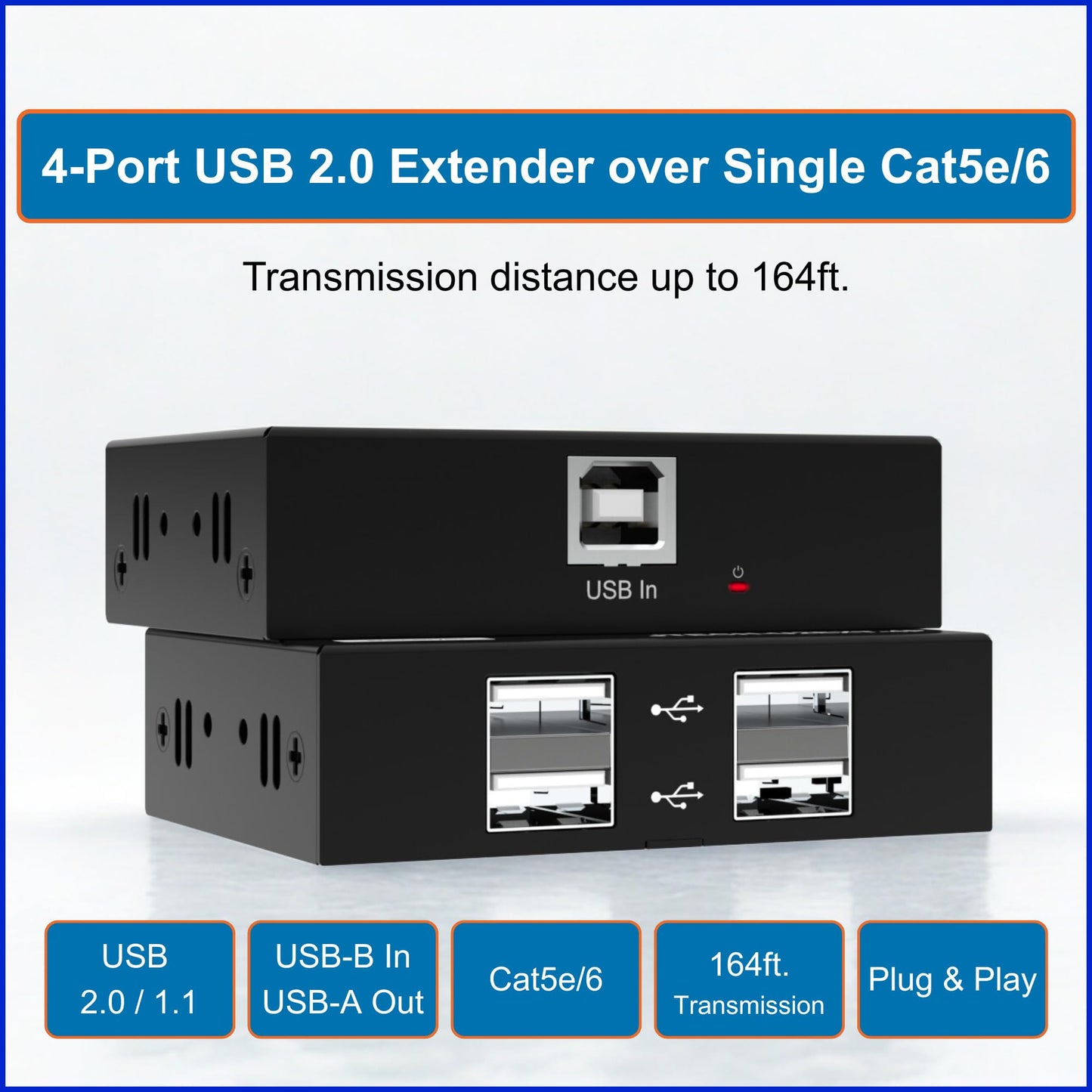 J-Tech Digital USB 2.0 Extender Over Single Cat5e/6 Ethernet 164ft, 4-Port USB 2.0 Hub for Webcam Keyboard Mouse Printer, Plug and Play for Windows