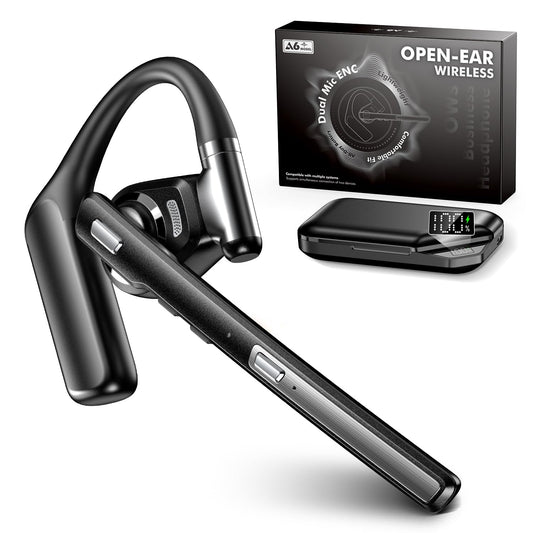 Bluetooth Headset V6.0, Open Ear Wireless Earpiece with Noise Canceling Mic, 96H Talking Time with the 950 mAh Charging Case for iOS Android Laptop