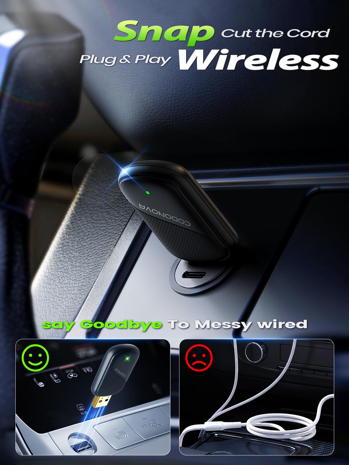 Mini Wireless CarPlay Adapter for Apple iPhone - Wired to Wireless Converter, 5GHz WiFi Zero-Lag Dongle, Stable Auto-Connect, Gold-Plated USB-A/C
