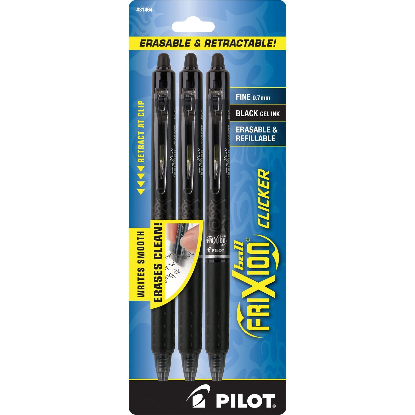 PILOT FriXion Clicker Erasable Pens, Refillable & Retractable Gel Ink Pens, Fine Point 0.7 mm, Black Ink, 3-Pack - Ideal for School, Journaling