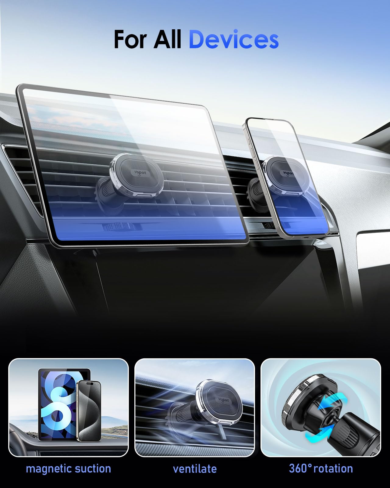 volport Magnetic Phone Mount for Car Vent: [Strong Magnet Clip Hook] Air Vent Holder for iPhone 16/15/14/13/12 Pro Max Plus Samsung S24 Ultra S24+ All