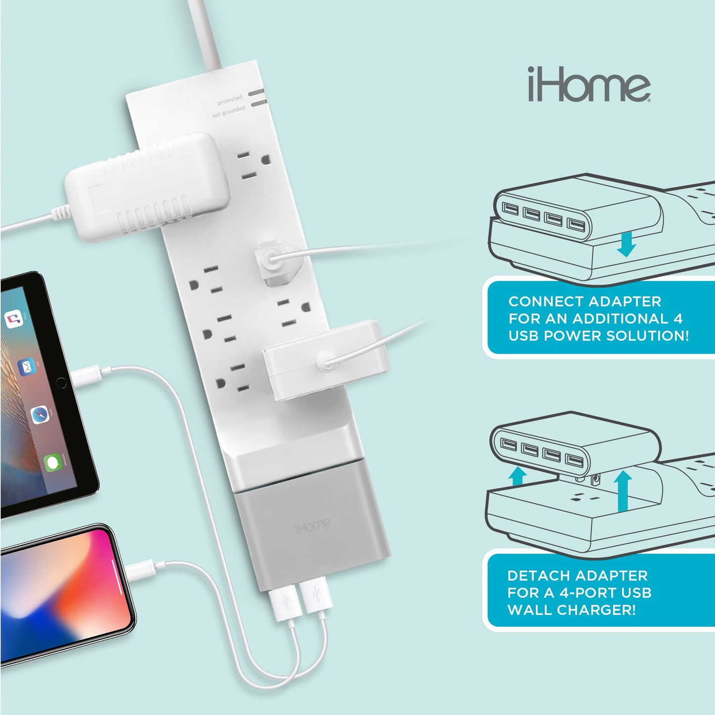 iHome Power Strip Surge Protector & Slim USB Wall Charger Bundle: Detachable 4 Port AC Pro USB Charger & 6 ft Extension Cord Multi Plug Outlet