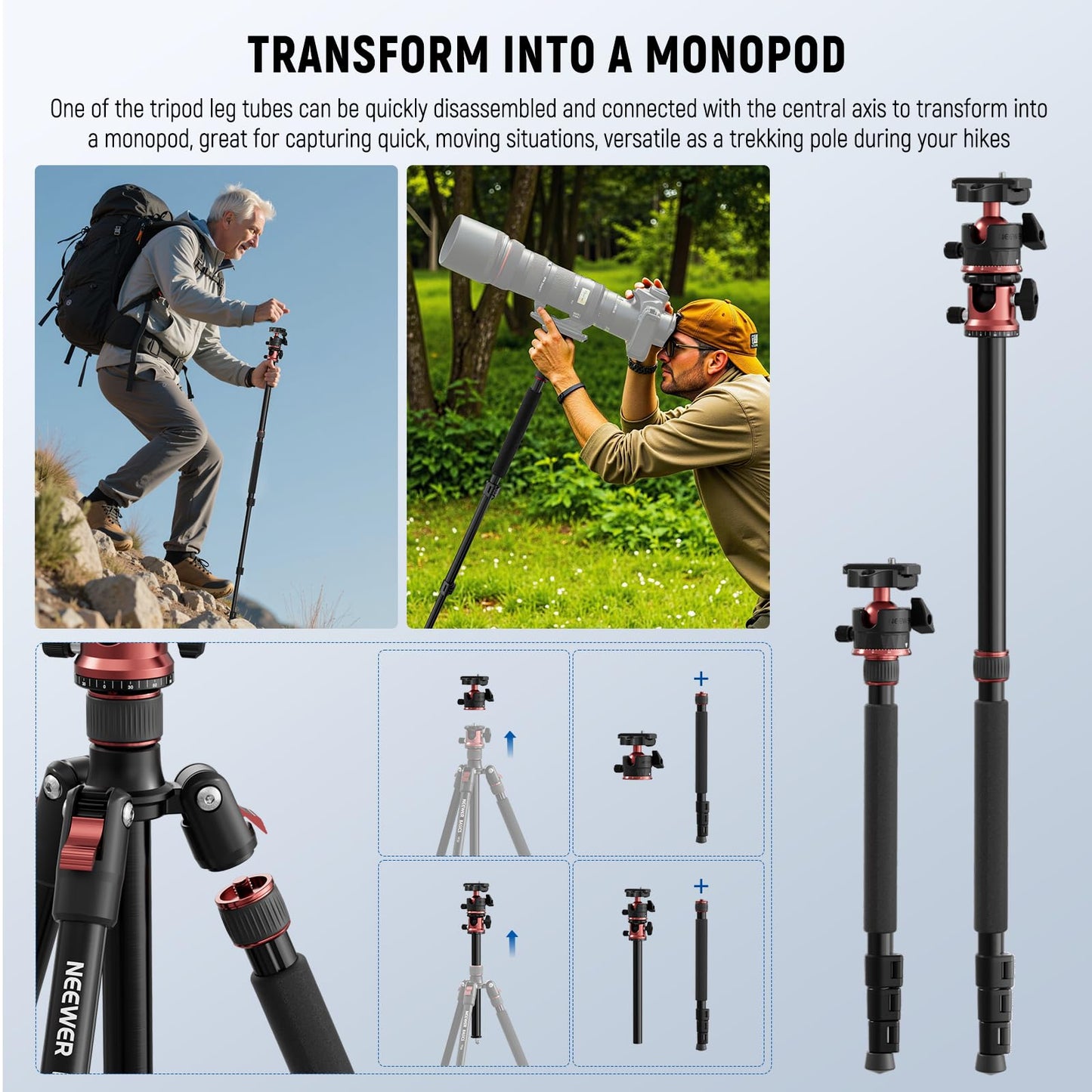 NEEWER Basics 70.9" Camera Tripod Monopod with Center Column & Ball Head, Quick Release Overhead DSLR Cell Phone Holder Stand Compatible with iPhone