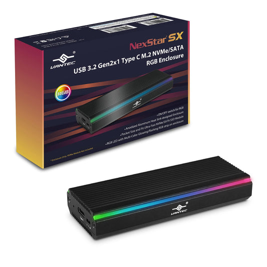 Vantec NexStar SX, USB 3.2 Gen2x1 Type C RGB Enclosure for M.2 NVMe or M.2 SATA, Multi-Color RGB, Pocket Size, Anodized Aluminum, toolless Mount