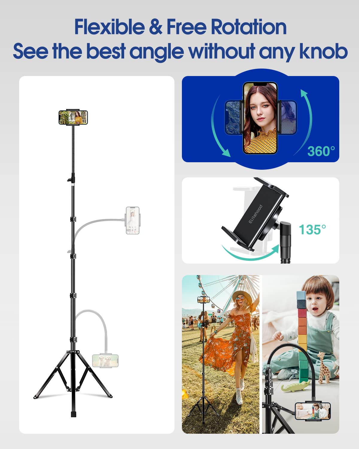 Elitehood 6.7 Feet Tall Phone Tripod, Heavy Duty Metal iPhone Tripod Stand with Remote, 17" Gooseneck Overhead Phone Mount for iPhone 15 14 13 Pro Max