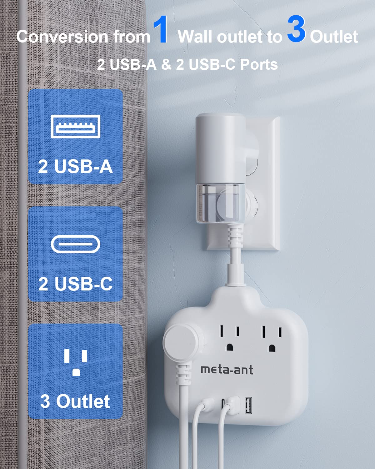 Short Extension Cord 3 Inch, Flat Plug Small Power Strip with 3 AC & 4 USB(1 USB-C), 1875W/15A, Multi Plug Outlet Extender, Non-Surge Protection