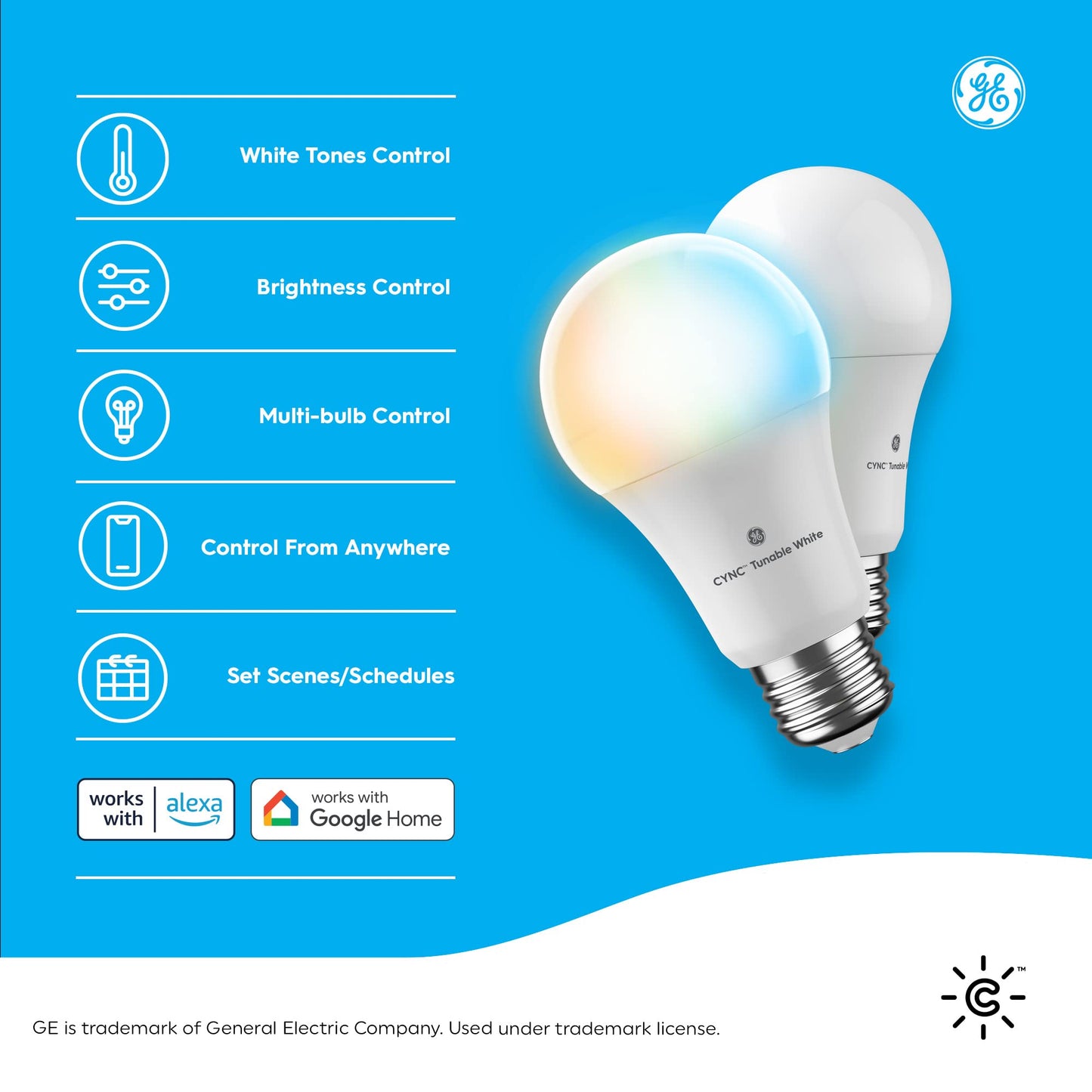GE Lighting CYNC Smart Tunable White A19 LED Light Bulb, 60W Replacement, Bluetooth/Wi-Fi Enabled, Alexa + Google Home Compatible Without Hub, 2-Pack